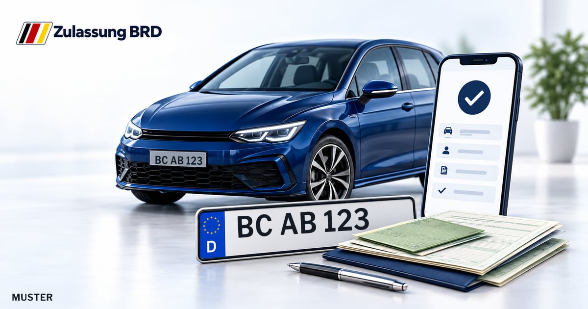 Online Fahrzeugzulassung in Riedlingen: Musterkennzeichen BC AB 123, Auto und Fahrzeugpapiere und Smartphone. Illustration mit Logo von Zulassung BRD.